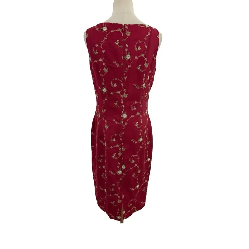 Vtg 90s Maggie London‎ Linen Blend Red Dress Sheath Embroidered Floral Sz 8 Y2K